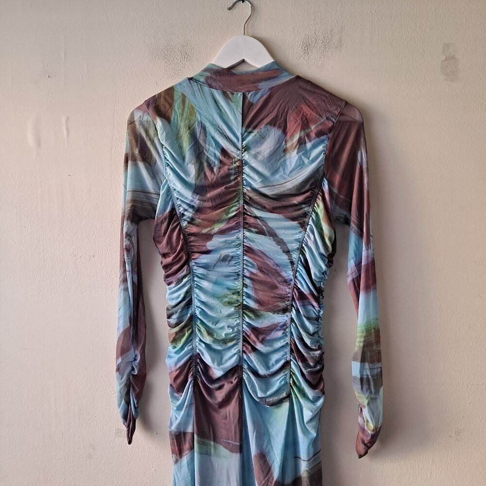 Anthropologie Printed Mesh Dress Long Sleeve Midi Bodycon Blue Brown Size M NWT - Picture 7 of 13